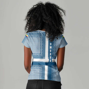 Comoros Women V-Neck T-Shirt - Blue and White Traditional Geometric Pattern and National Flag Detail