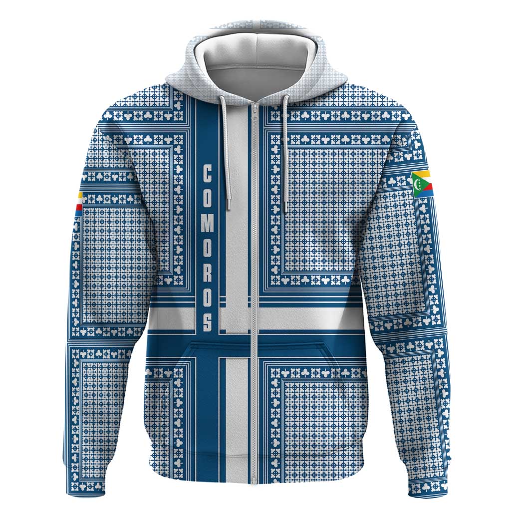 Comoros Zip Hoodie - Blue and White Traditional Geometric Pattern and National Flag Detail