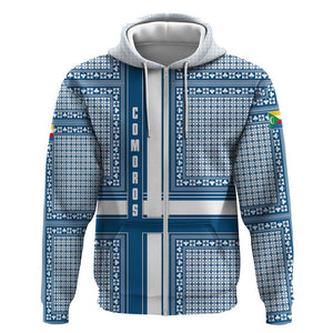 Comoros Zip Hoodie - Blue and White Traditional Geometric Pattern and National Flag Detail