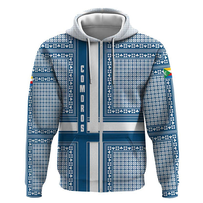 Comoros Zip Hoodie - Blue and White Traditional Geometric Pattern and National Flag Detail