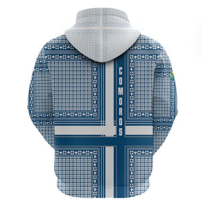 Comoros Zip Hoodie - Blue and White Traditional Geometric Pattern and National Flag Detail