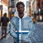 Comoros Zip Hoodie - Blue and White Traditional Geometric Pattern and National Flag Detail