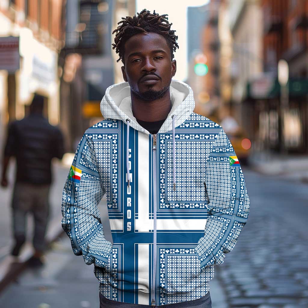 Comoros Zip Hoodie - Blue and White Traditional Geometric Pattern and National Flag Detail