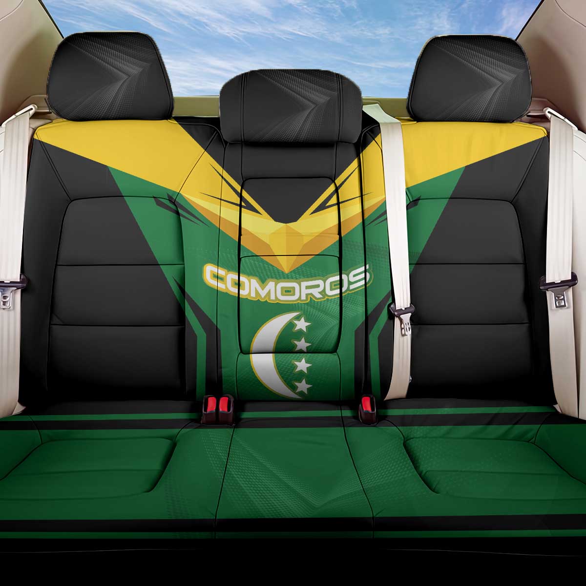Comoros Back Car Seat Cover - National Colors Green Yellow Black Crescent Moon and Stars Emblem