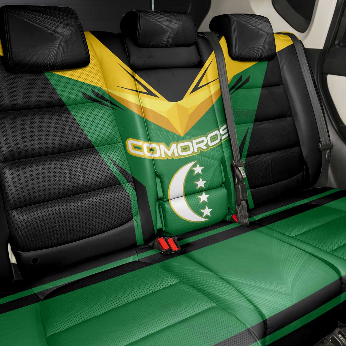 Comoros Back Car Seat Cover - National Colors Green Yellow Black Crescent Moon and Stars Emblem
