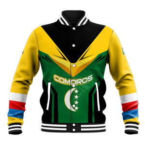 Comoros Baseball Jacket - National Colors Green Yellow Black Crescent Moon and Stars Emblem
