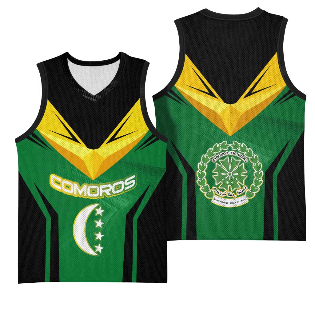 Comoros Basketball Jersey - National Colors Green Yellow Black Crescent Moon and Stars Emblem - African Pride