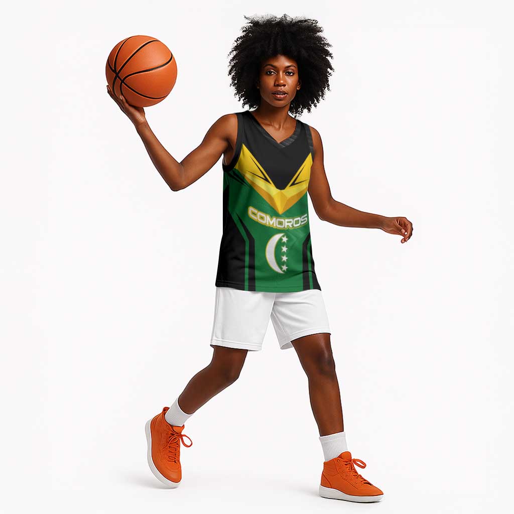 Comoros Basketball Jersey - National Colors Green Yellow Black Crescent Moon and Stars Emblem - African Pride