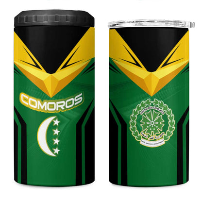 Comoros 4 in 1 Can Cooler Tumbler - National Colors Green Yellow Black Crescent Moon and Stars Emblem