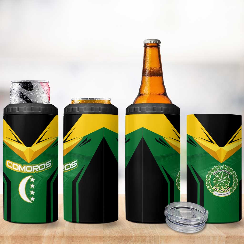 Comoros 4 in 1 Can Cooler Tumbler - National Colors Green Yellow Black Crescent Moon and Stars Emblem