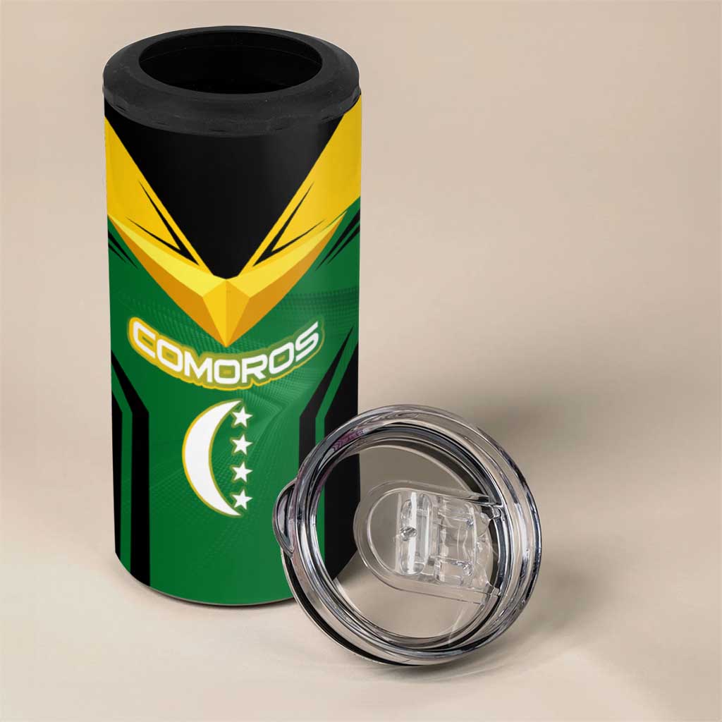 Comoros 4 in 1 Can Cooler Tumbler - National Colors Green Yellow Black Crescent Moon and Stars Emblem
