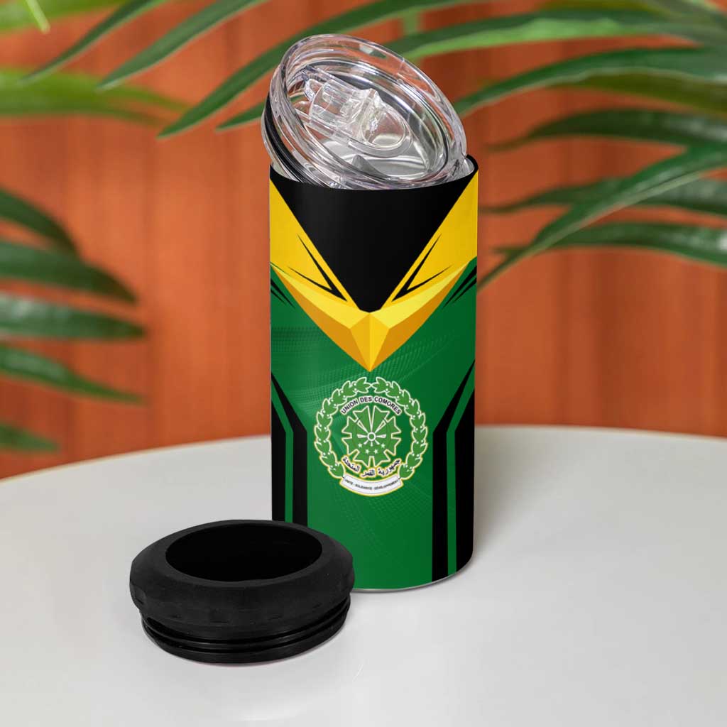 Comoros 4 in 1 Can Cooler Tumbler - National Colors Green Yellow Black Crescent Moon and Stars Emblem