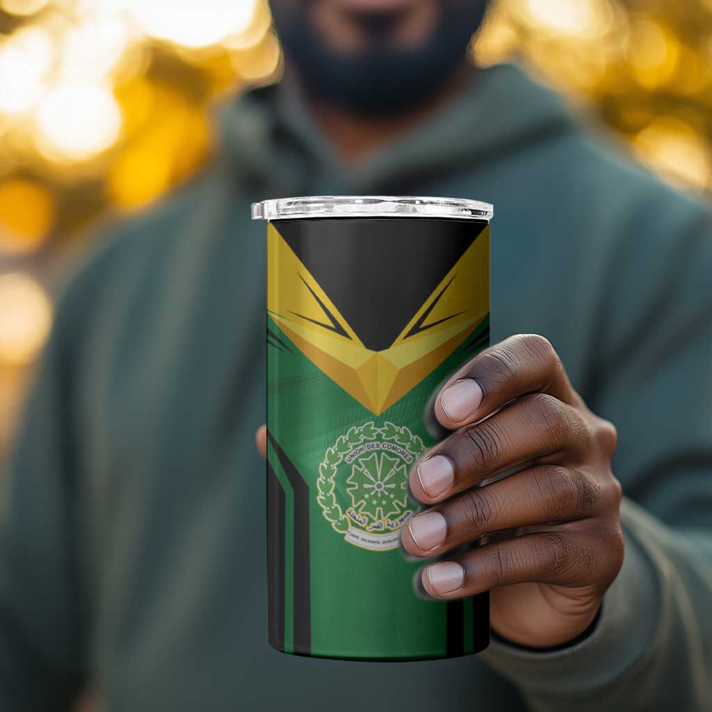 Comoros 4 in 1 Can Cooler Tumbler - National Colors Green Yellow Black Crescent Moon and Stars Emblem