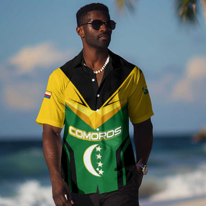 Comoros Hawaiian Shirt - National Colors Green Yellow Black Crescent Moon and Stars Emblem