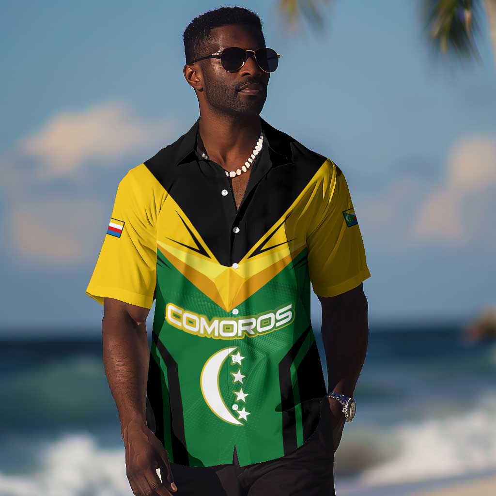 Comoros Hawaiian Shirt - National Colors Green Yellow Black Crescent Moon and Stars Emblem