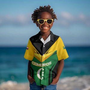 Comoros Kid Hawaiian Shirt - National Colors Green Yellow Black Crescent Moon and Stars Emblem