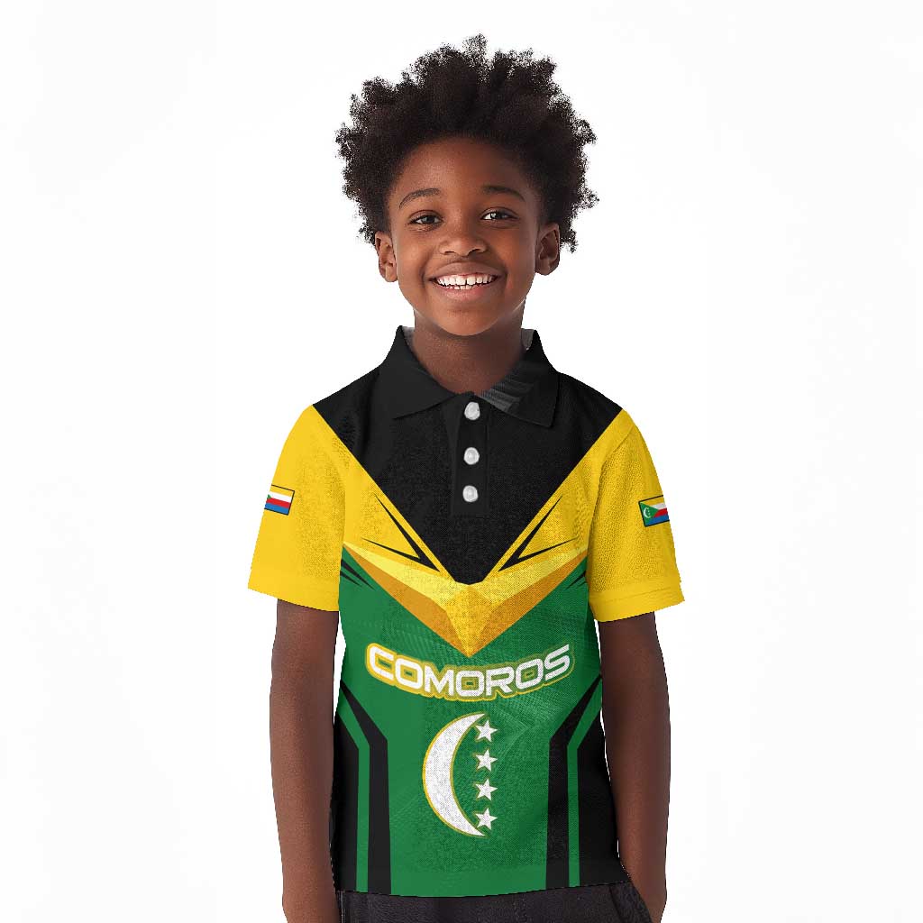 Comoros Kid Polo Shirt - National Colors Green Yellow Black Crescent Moon and Stars Emblem