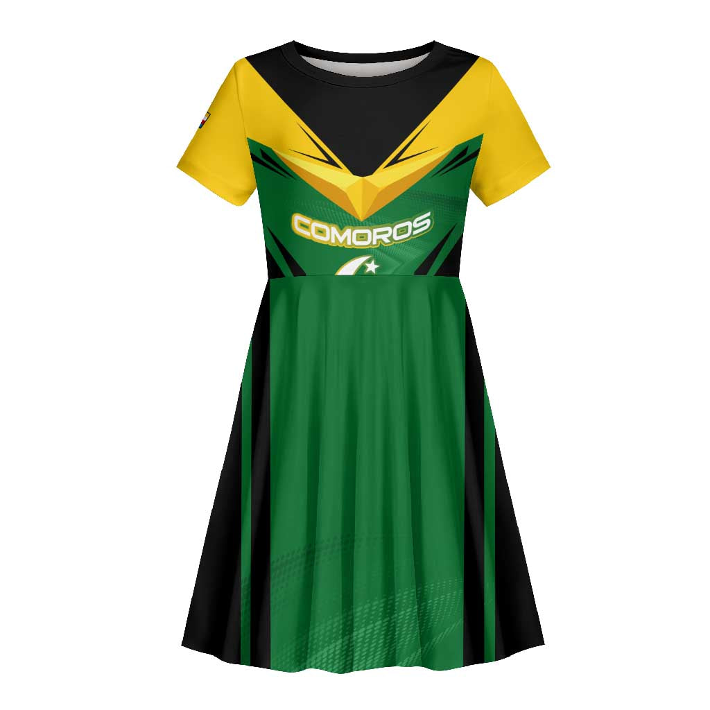 Comoros Kid Short Sleeve Dress - National Colors Green Yellow Black Crescent Moon and Stars Emblem