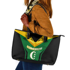 Comoros Leather Tote Bag - National Colors Green Yellow Black Crescent Moon and Stars Emblem