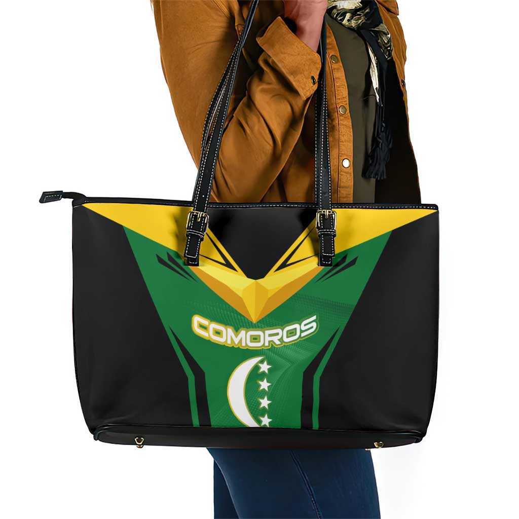 Comoros Leather Tote Bag - National Colors Green Yellow Black Crescent Moon and Stars Emblem