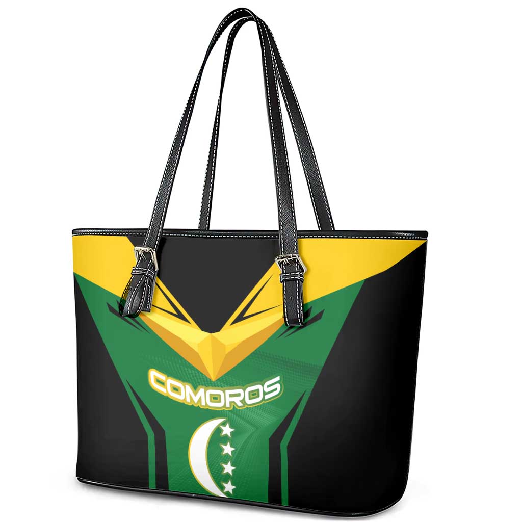 Comoros Leather Tote Bag - National Colors Green Yellow Black Crescent Moon and Stars Emblem