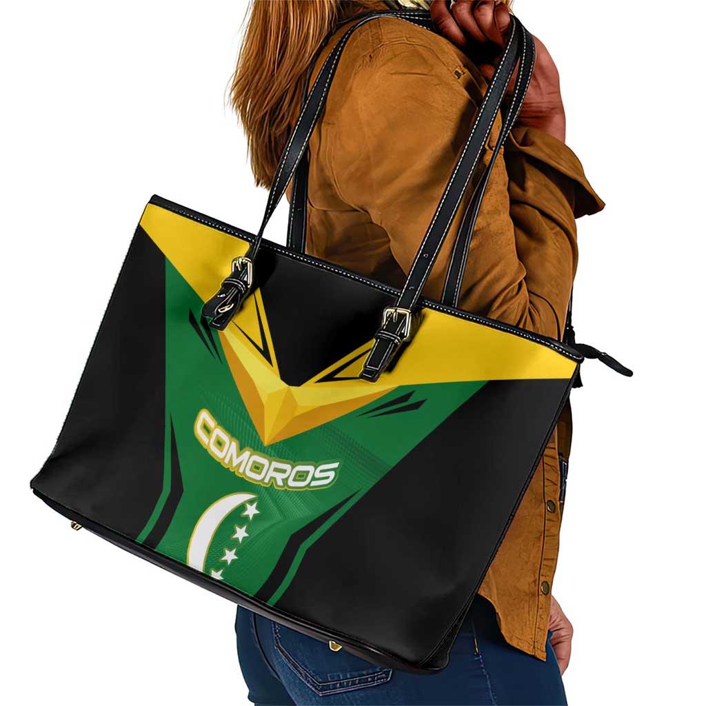 Comoros Leather Tote Bag - National Colors Green Yellow Black Crescent Moon and Stars Emblem