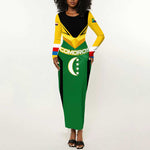Comoros Long Sleeve Bodycon Dress - National Colors Green Yellow Black Crescent Moon and Stars Emblem TS04