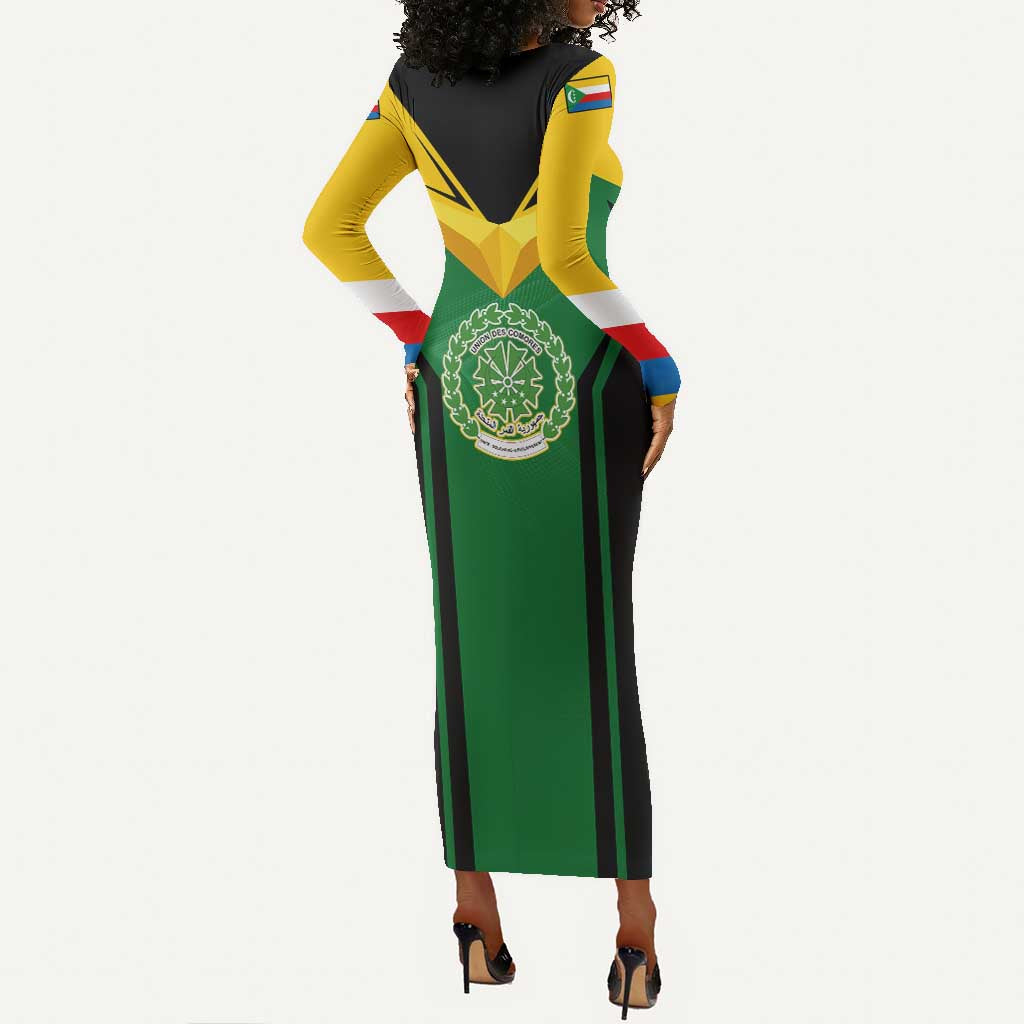 Comoros Long Sleeve Bodycon Dress - National Colors Green Yellow Black Crescent Moon and Stars Emblem TS04