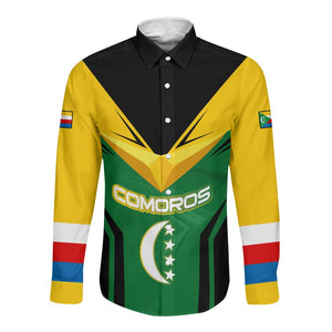 Comoros Long Sleeve Button Shirt - National Colors Green Yellow Black Crescent Moon and Stars Emblem