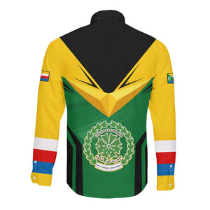 Comoros Long Sleeve Button Shirt - National Colors Green Yellow Black Crescent Moon and Stars Emblem