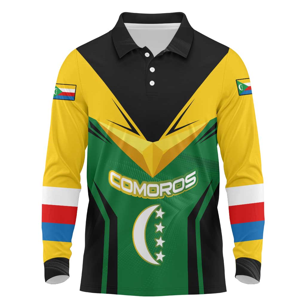 Comoros Long Sleeve Polo Shirt - National Colors Green Yellow Black Crescent Moon and Stars Emblem