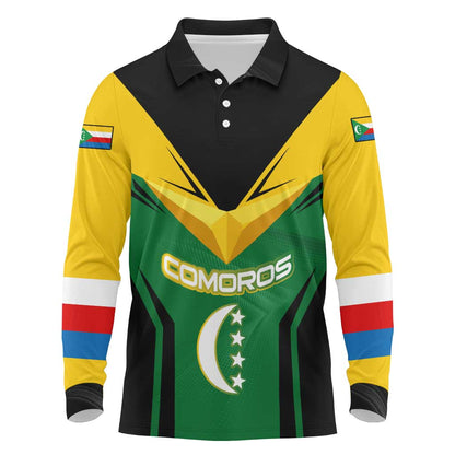 Comoros Long Sleeve Polo Shirt - National Colors Green Yellow Black Crescent Moon and Stars Emblem