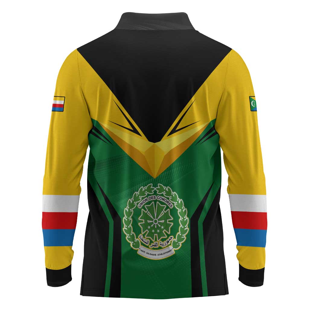 Comoros Long Sleeve Polo Shirt - National Colors Green Yellow Black Crescent Moon and Stars Emblem