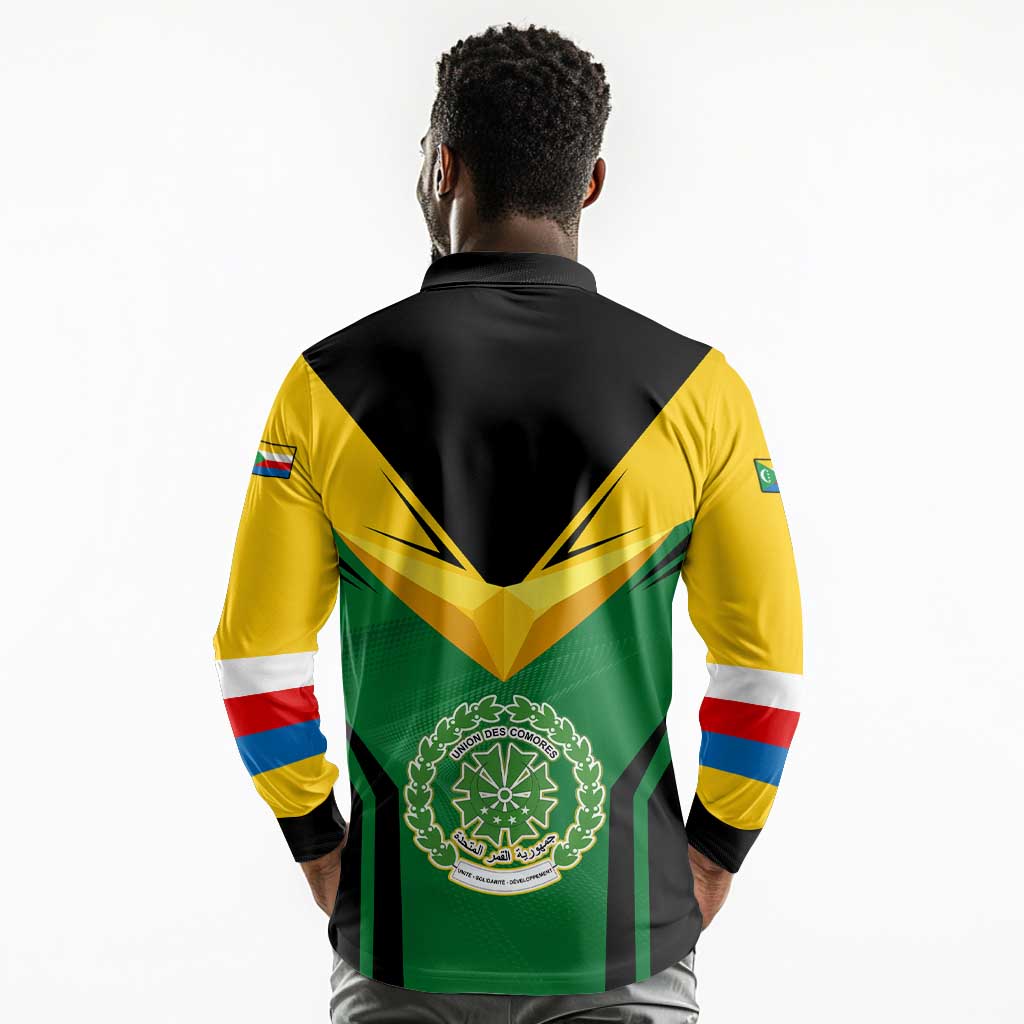 Comoros Long Sleeve Polo Shirt - National Colors Green Yellow Black Crescent Moon and Stars Emblem