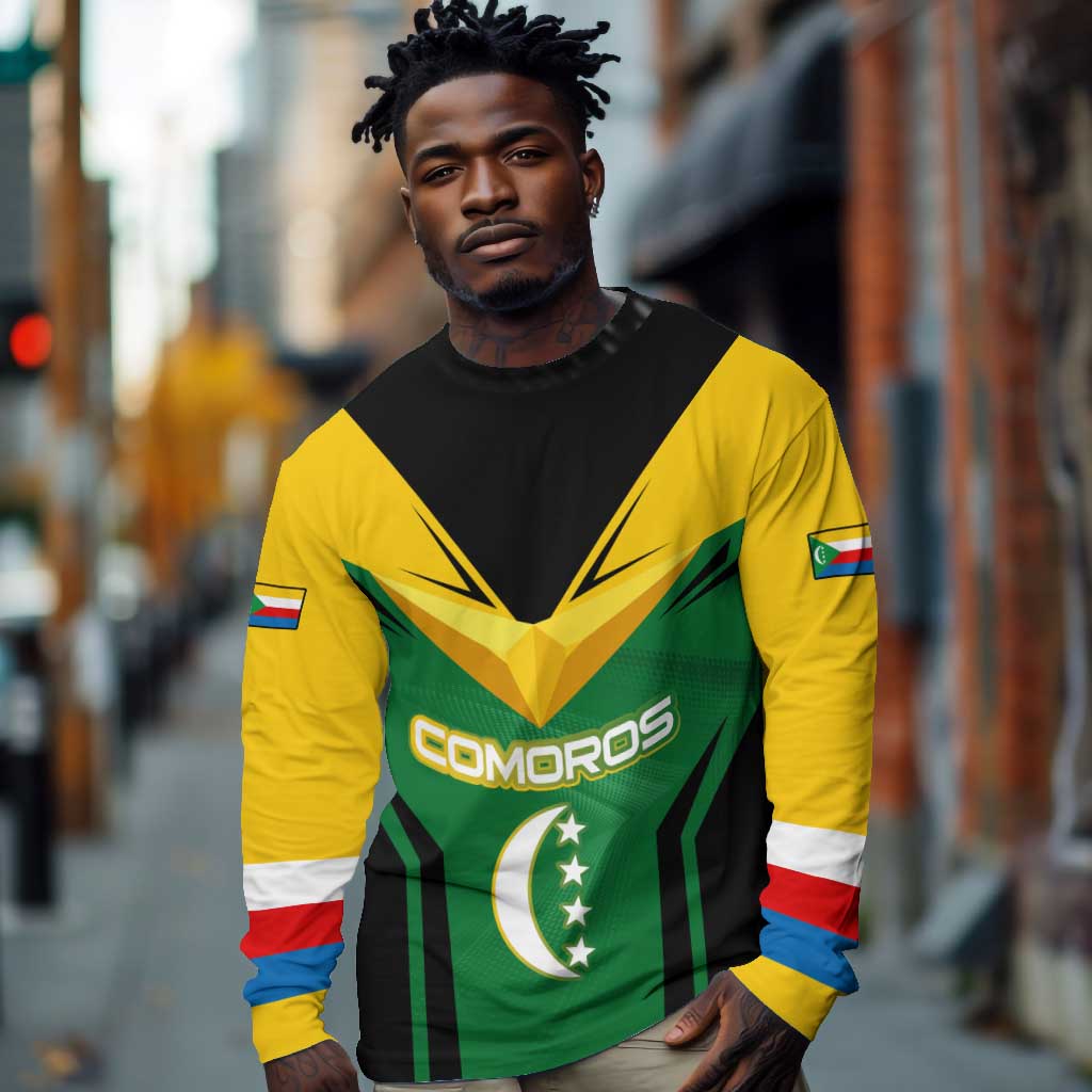 Comoros Long Sleeve Shirt - National Colors Green Yellow Black Crescent Moon and Stars Emblem