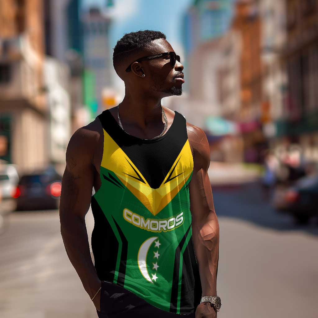 Comoros Men Tank Top - National Colors Green Yellow Black Crescent Moon and Stars Emblem