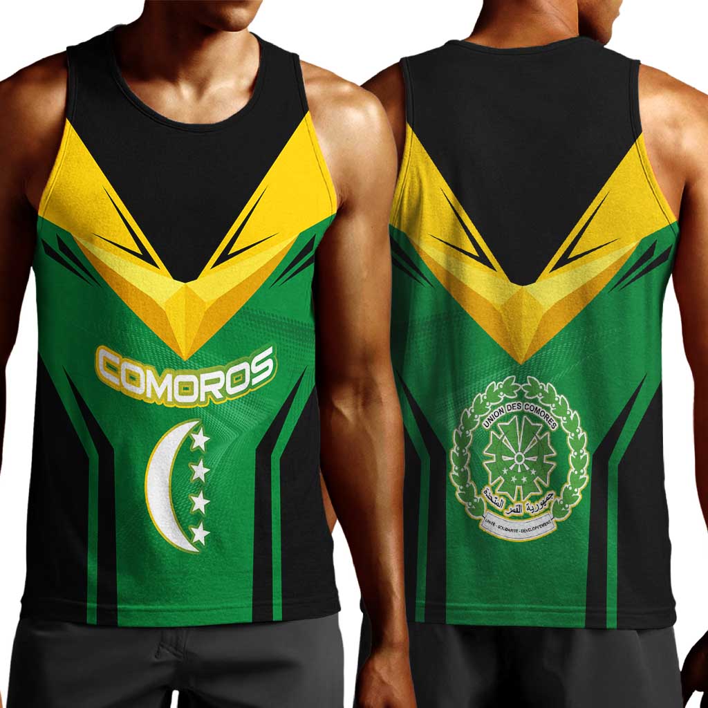 Comoros Men Tank Top - National Colors Green Yellow Black Crescent Moon and Stars Emblem