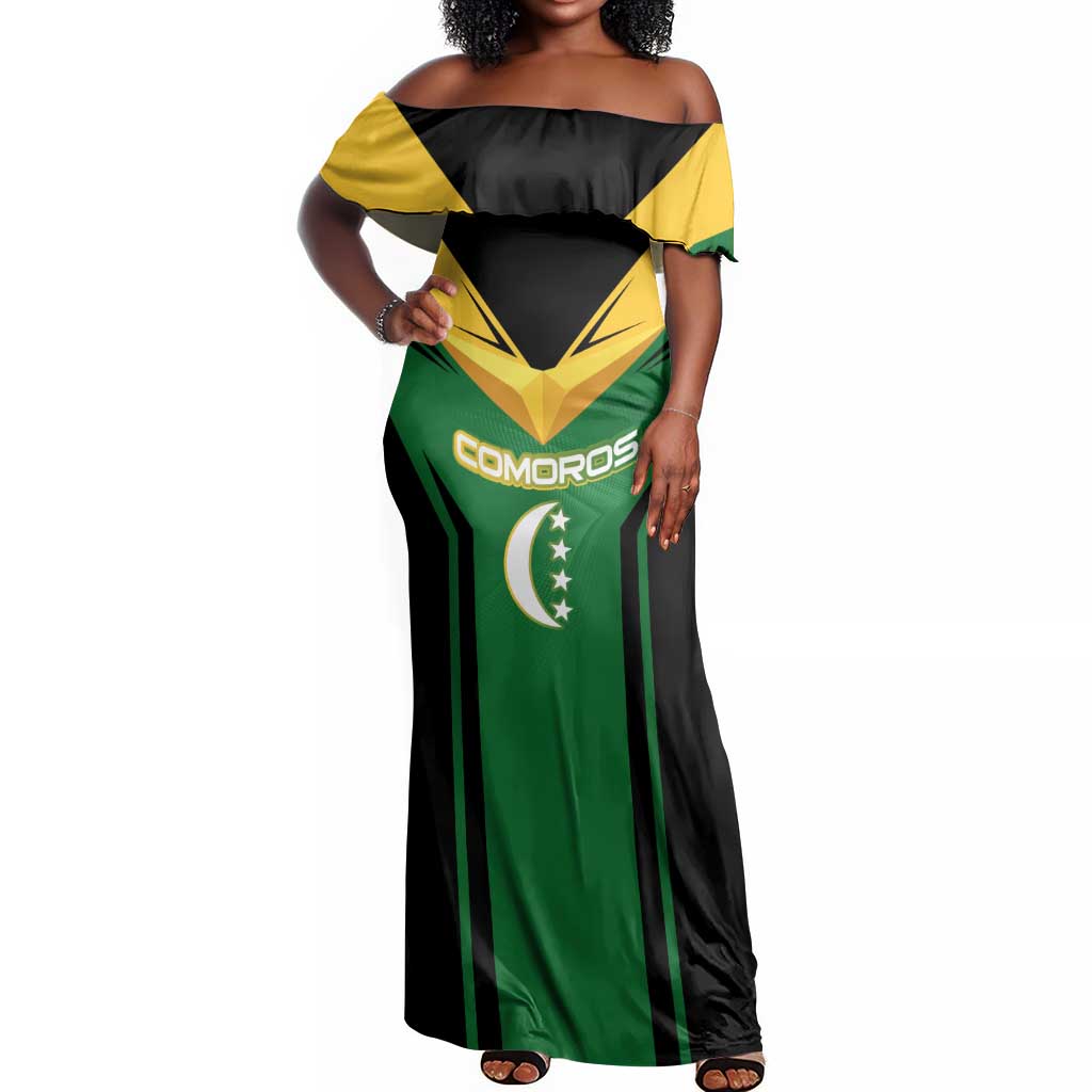 Comoros Off Shoulder Maxi Dress - National Colors Green Yellow Black Crescent Moon and Stars Emblem