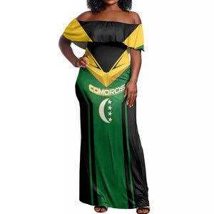 Comoros Off Shoulder Maxi Dress - National Colors Green Yellow Black Crescent Moon and Stars Emblem
