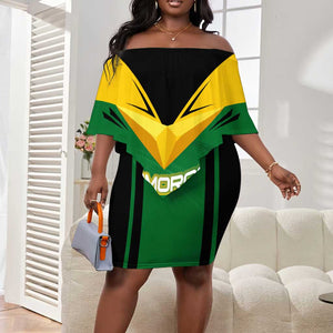 Comoros Off Shoulder Short Dress - National Colors Green Yellow Black Crescent Moon and Stars Emblem