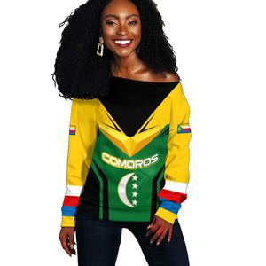 Comoros Off Shoulder Sweater - National Colors Green Yellow Black Crescent Moon and Stars Emblem