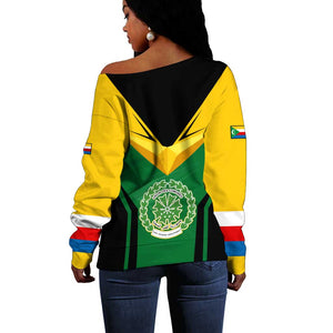 Comoros Off Shoulder Sweater - National Colors Green Yellow Black Crescent Moon and Stars Emblem