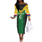Comoros Off The Shoulder Long Sleeve Dress - National Colors Green Yellow Black Crescent Moon and Stars Emblem