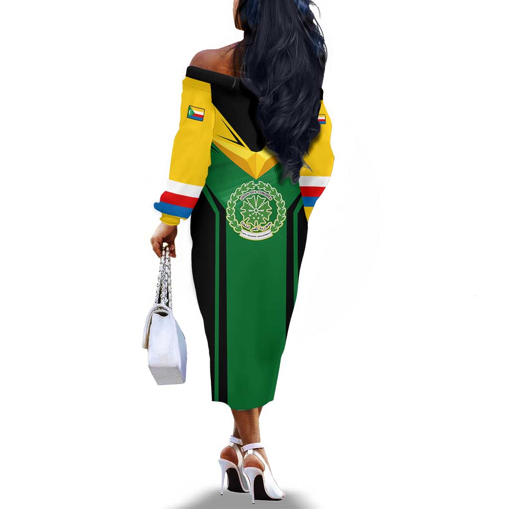 Comoros Off The Shoulder Long Sleeve Dress - National Colors Green Yellow Black Crescent Moon and Stars Emblem