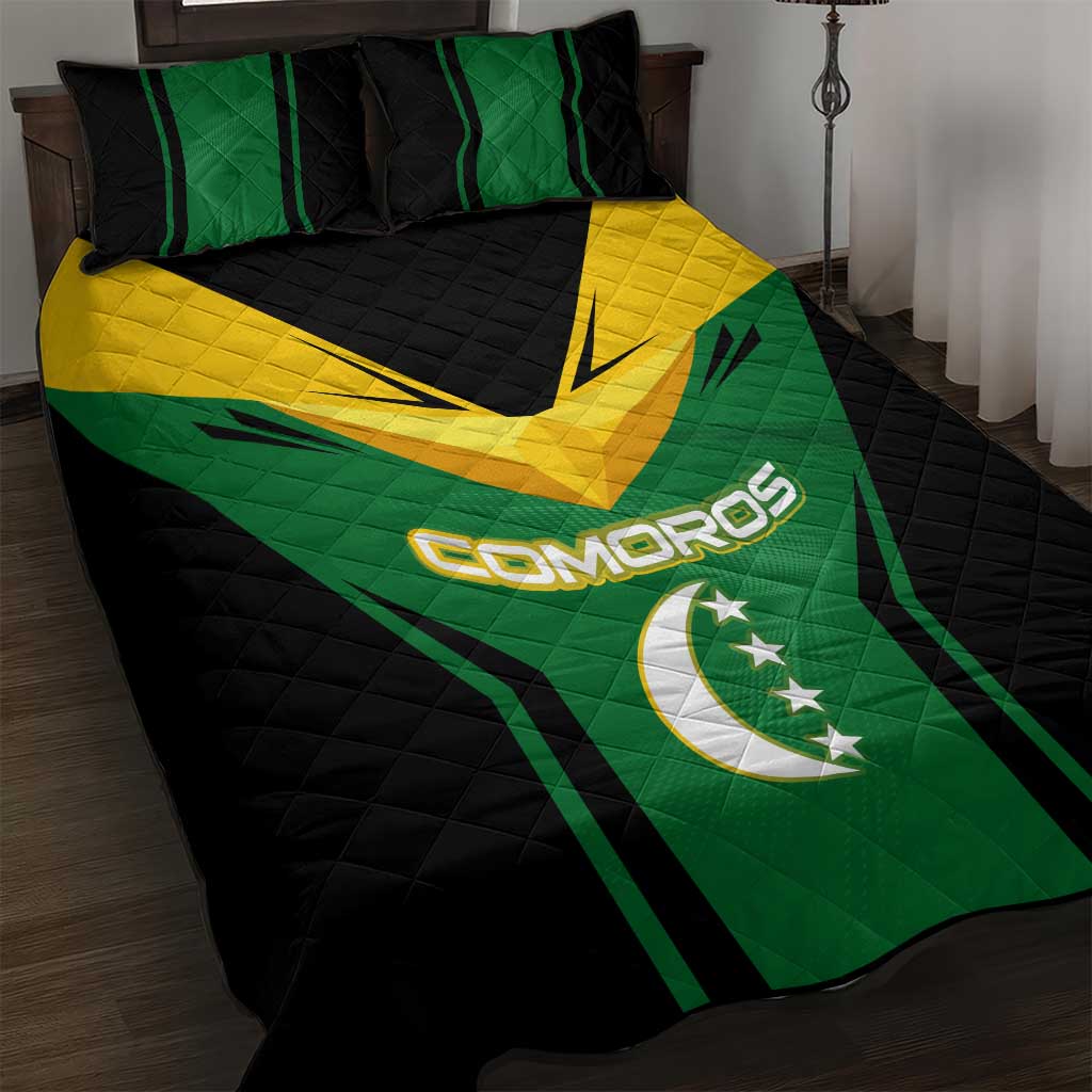 Comoros Quilt Bed Set - National Colors Green Yellow Black Crescent Moon and Stars Emblem