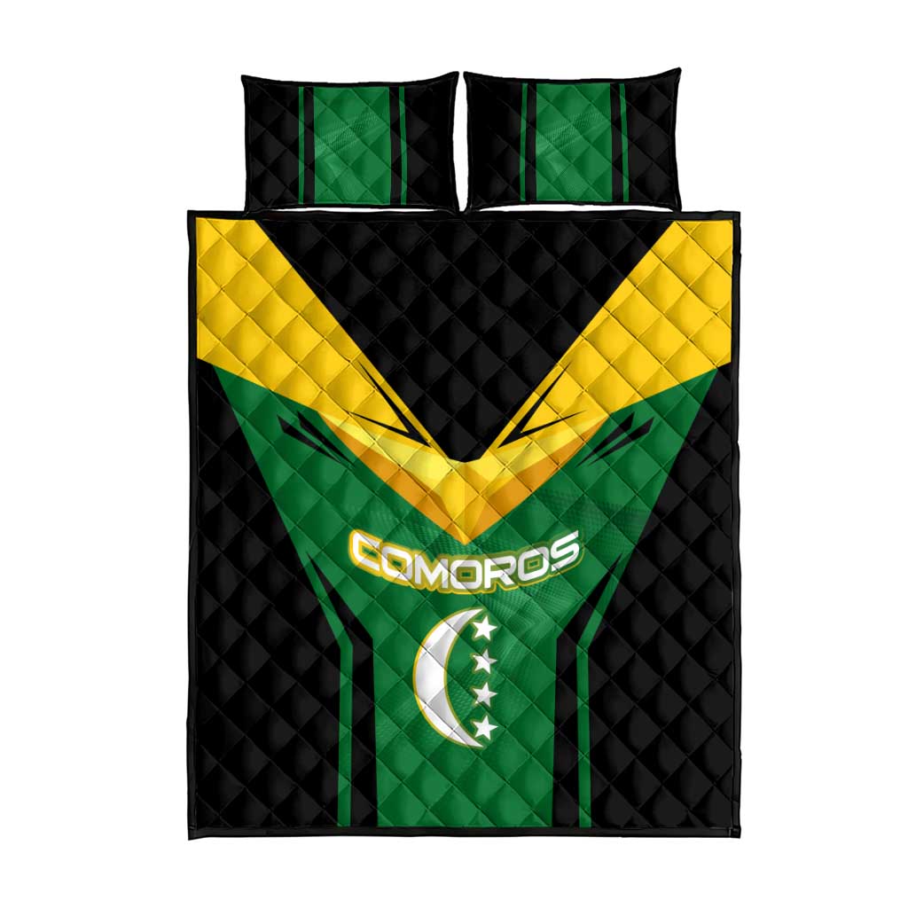 Comoros Quilt Bed Set - National Colors Green Yellow Black Crescent Moon and Stars Emblem