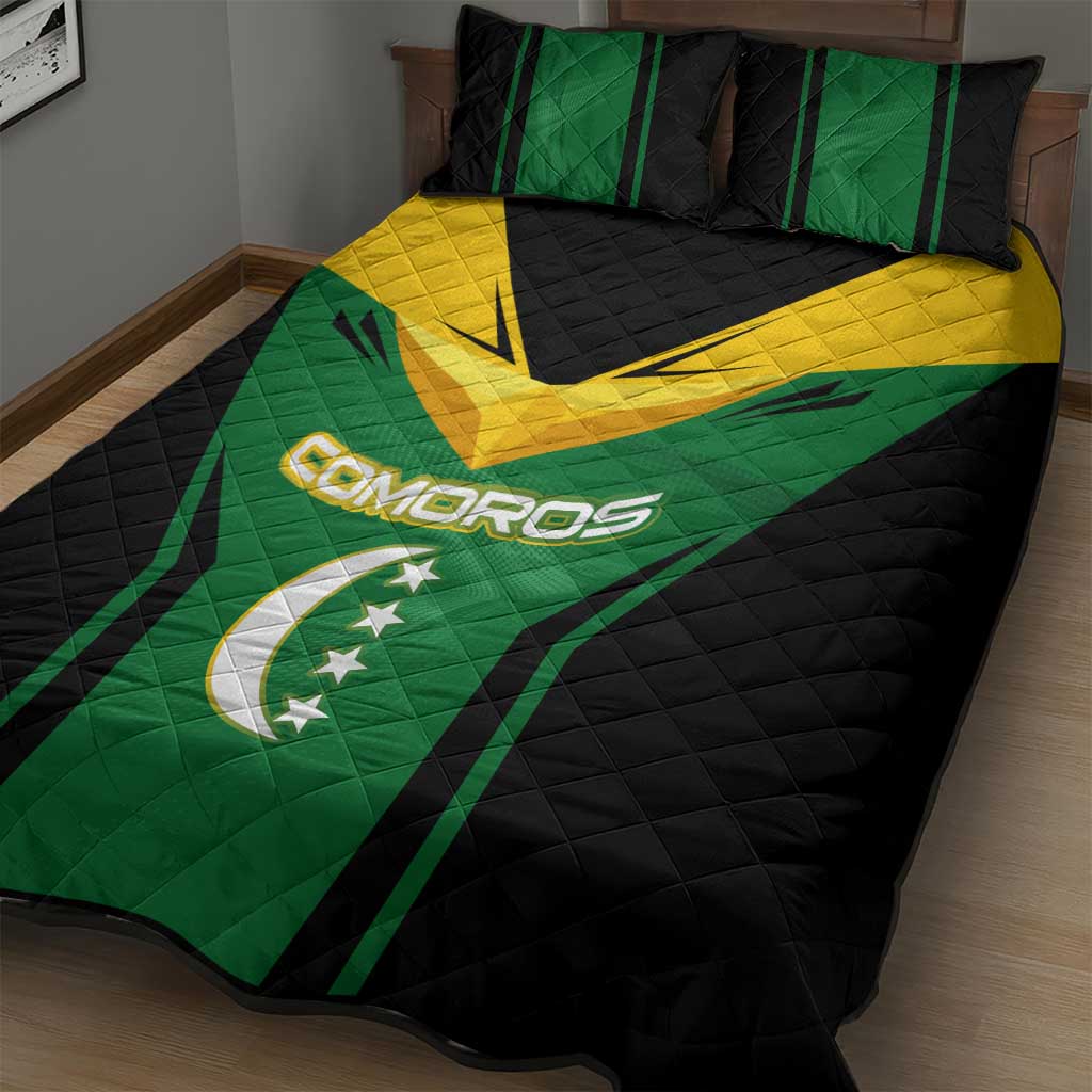 Comoros Quilt Bed Set - National Colors Green Yellow Black Crescent Moon and Stars Emblem