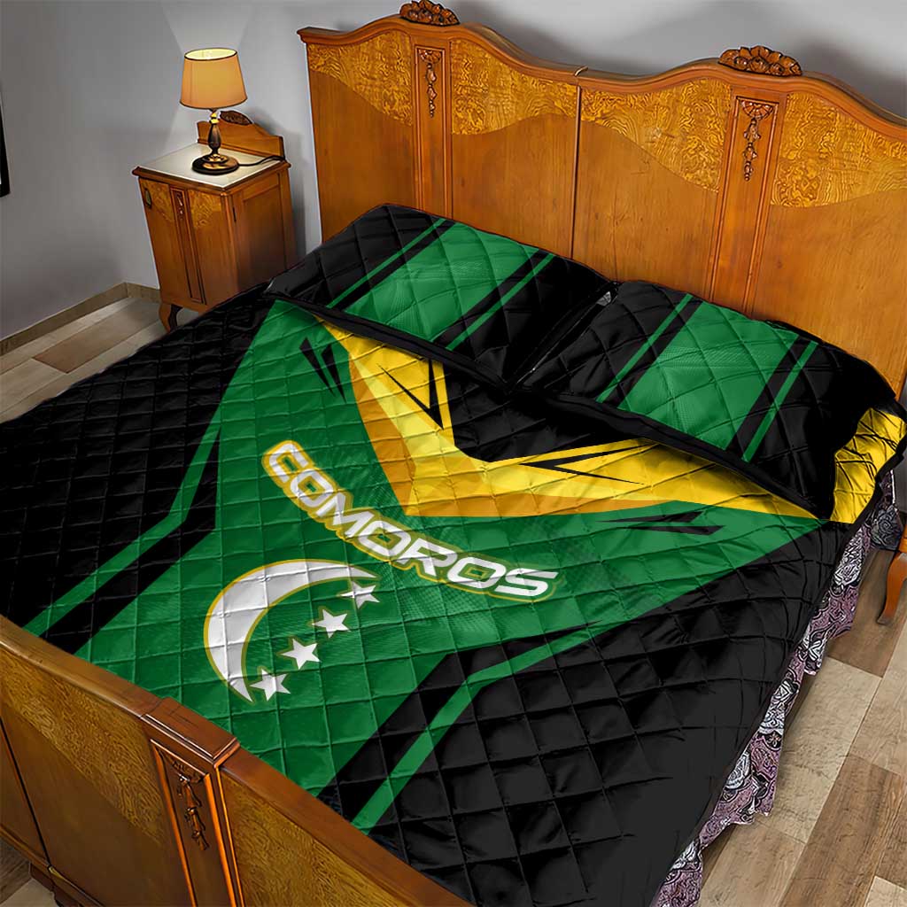 Comoros Quilt Bed Set - National Colors Green Yellow Black Crescent Moon and Stars Emblem