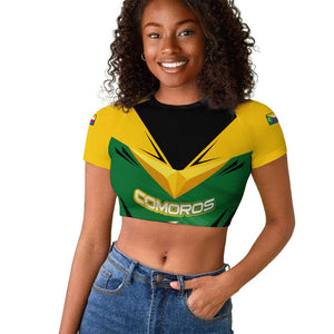 Comoros Raglan Cropped T shirt - National Colors Green Yellow Black Crescent Moon and Stars Emblem