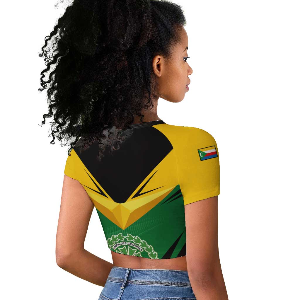 Comoros Raglan Cropped T shirt - National Colors Green Yellow Black Crescent Moon and Stars Emblem